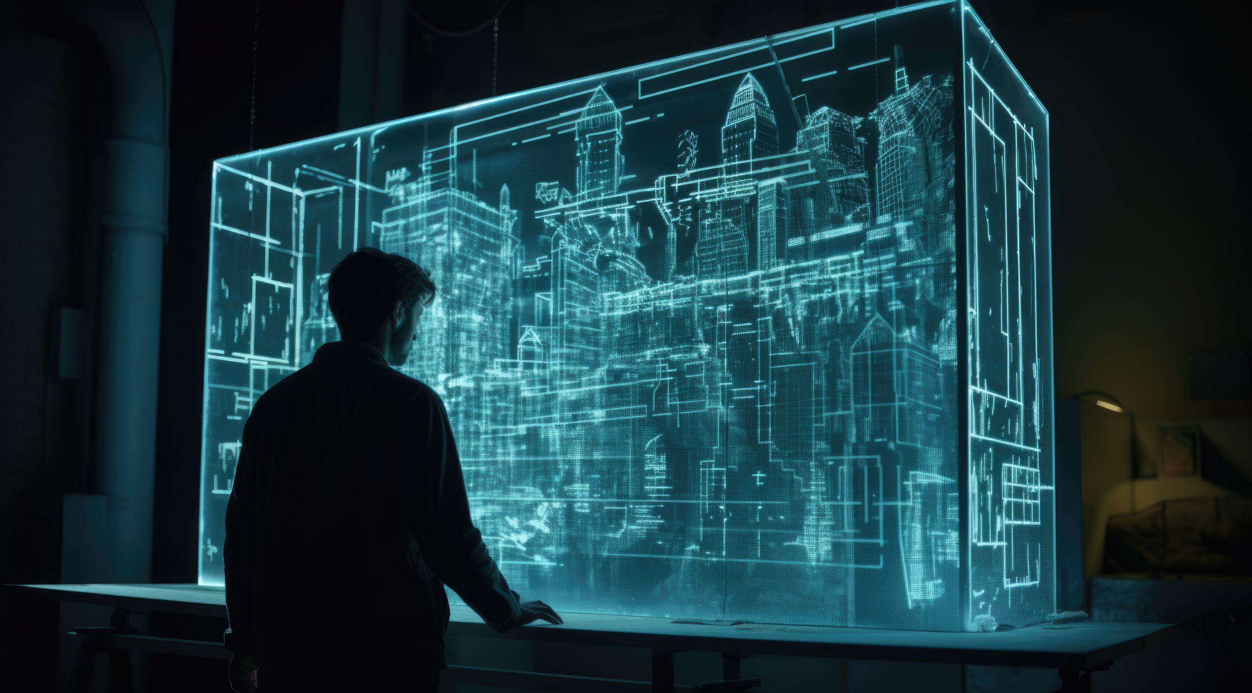A male designer looking at a 3D building in an artificial blue light box in the style of data visualization. Generative AI AIG21.